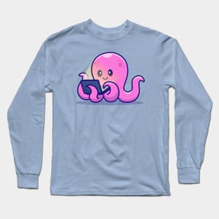 Cute Octopus Working On Laptop Cartoon Long Sleeve T-Shirt